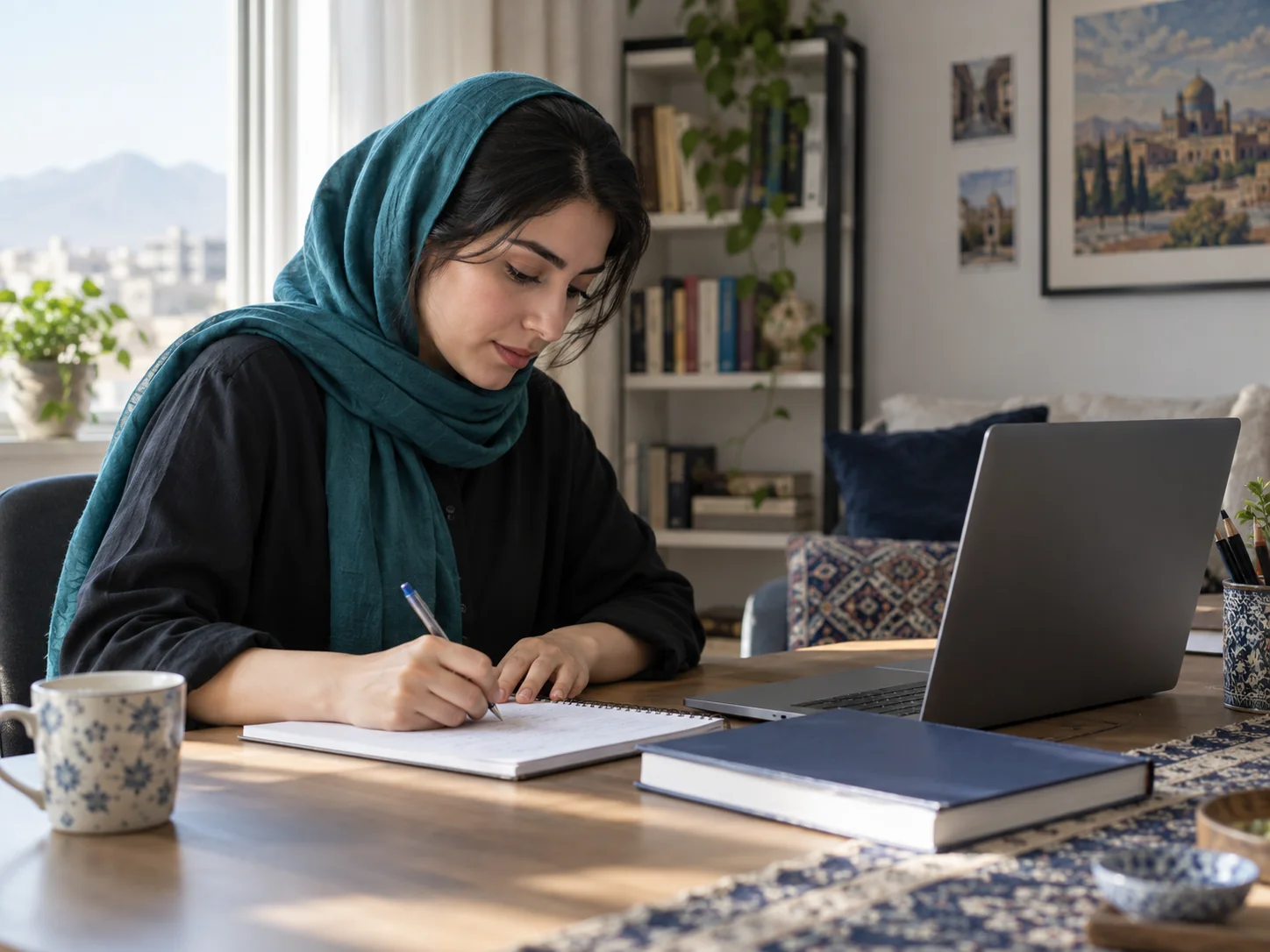 زنی در حال مطالعه زبان انگلیسی پشت میز کار